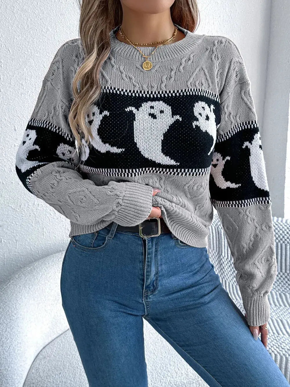 Ghost Round Neck Long Sleeve Sweater - FloofChonk