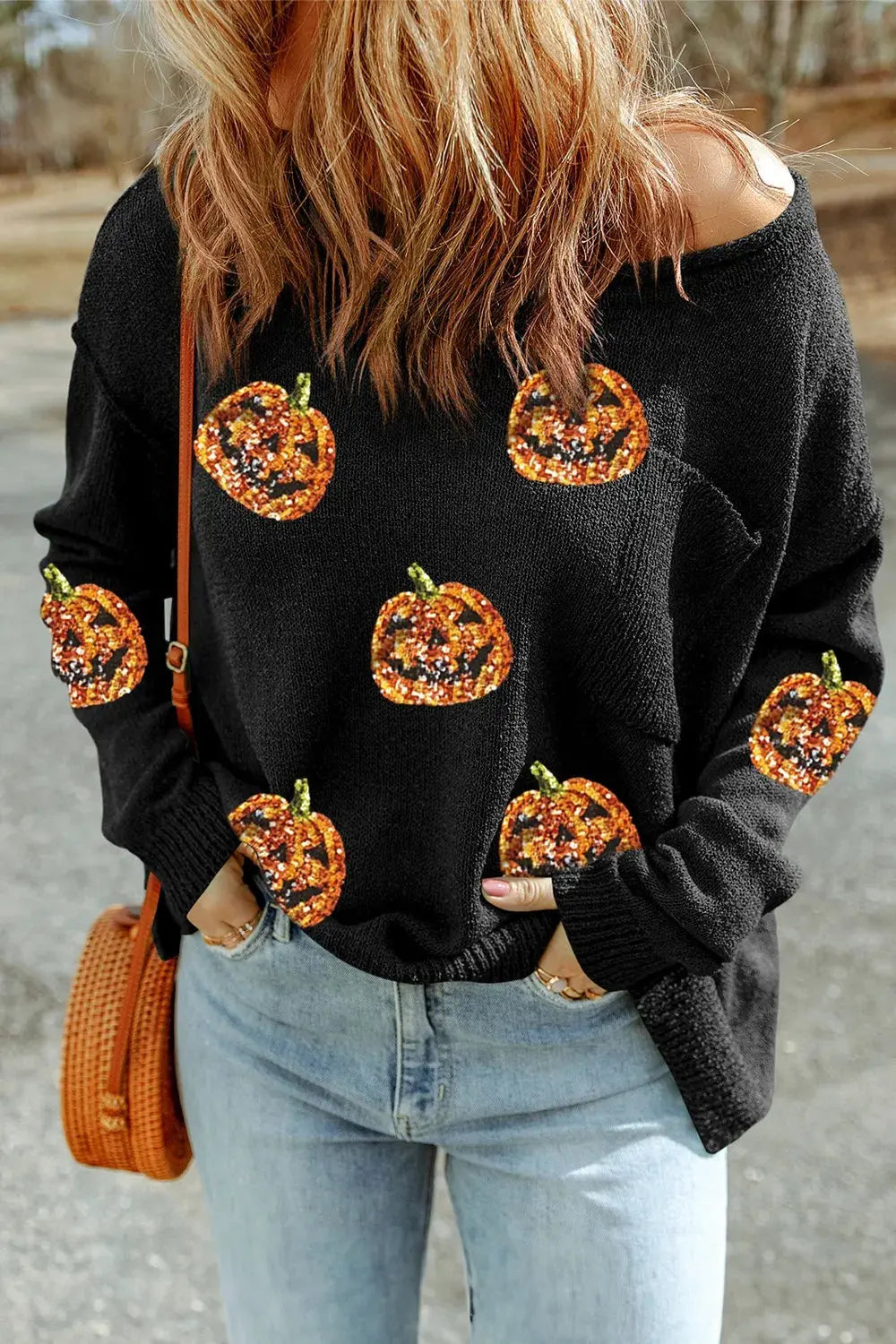Pumpkin Round Neck Long Sleeve Knit Top - FloofChonk
