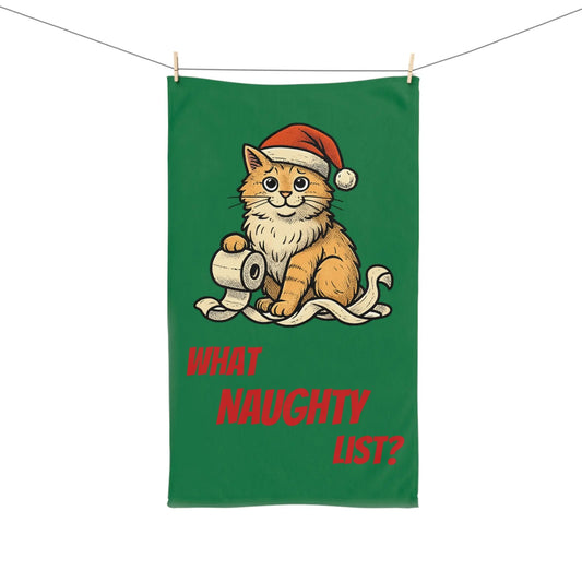 Christmas Cat Hand Towel — 'What Naughty List?' Holiday Kitchen Towel Printify