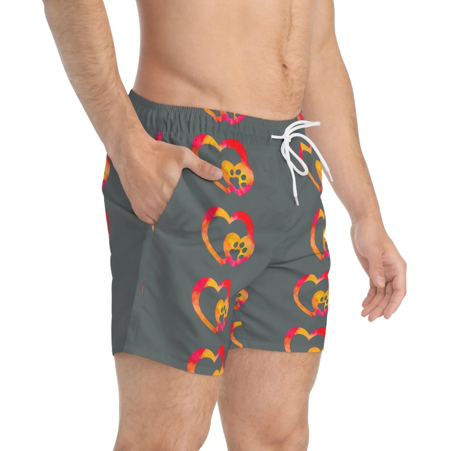 Colorful Heart & Paw Print Swim Trunks - FloofChonk