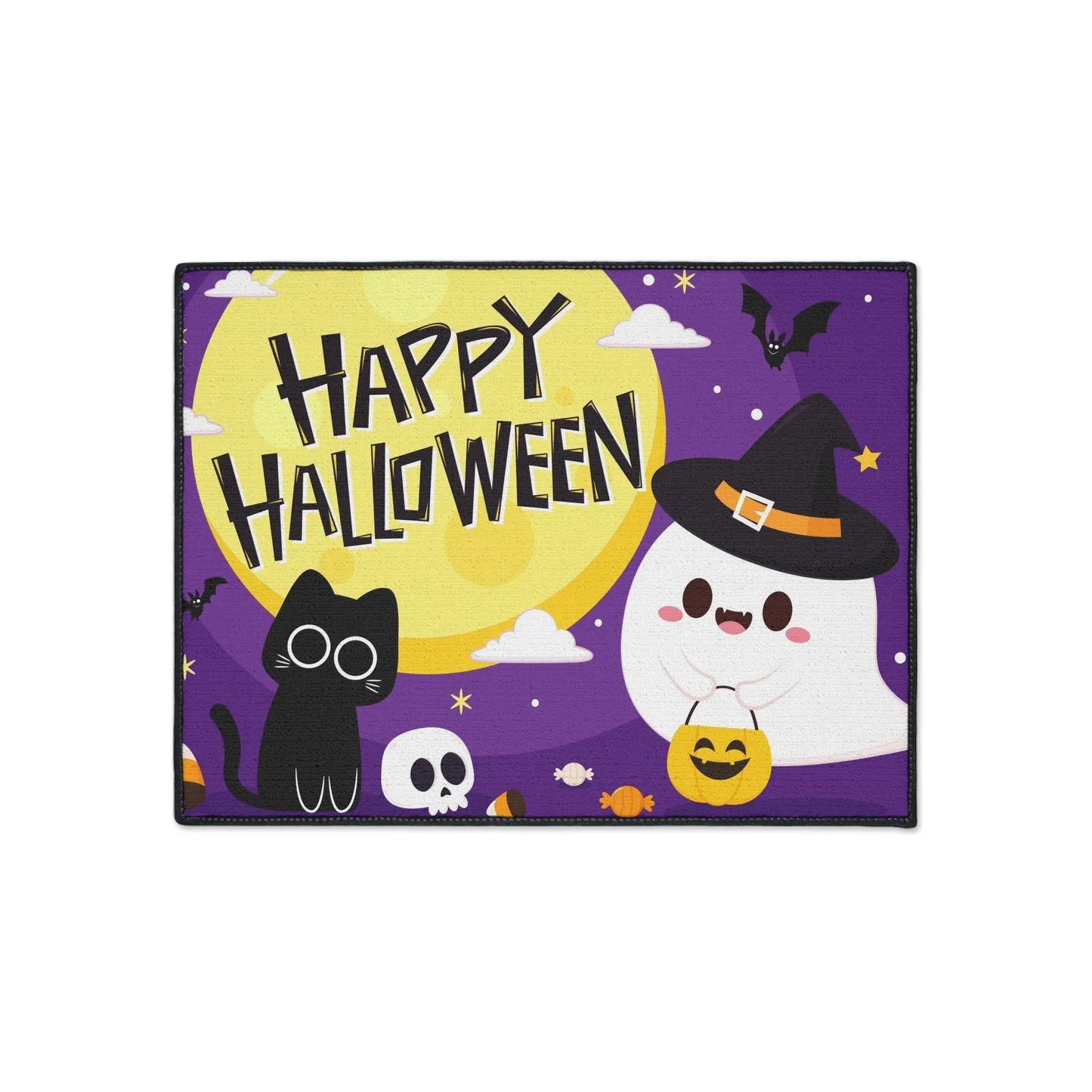Happy Halloween Floor Mat, Spooky Decor for Entryway, Cute Ghost and Cat, Halloween Party Welcome, Fall Home Decoration, Trick or Treat Mat