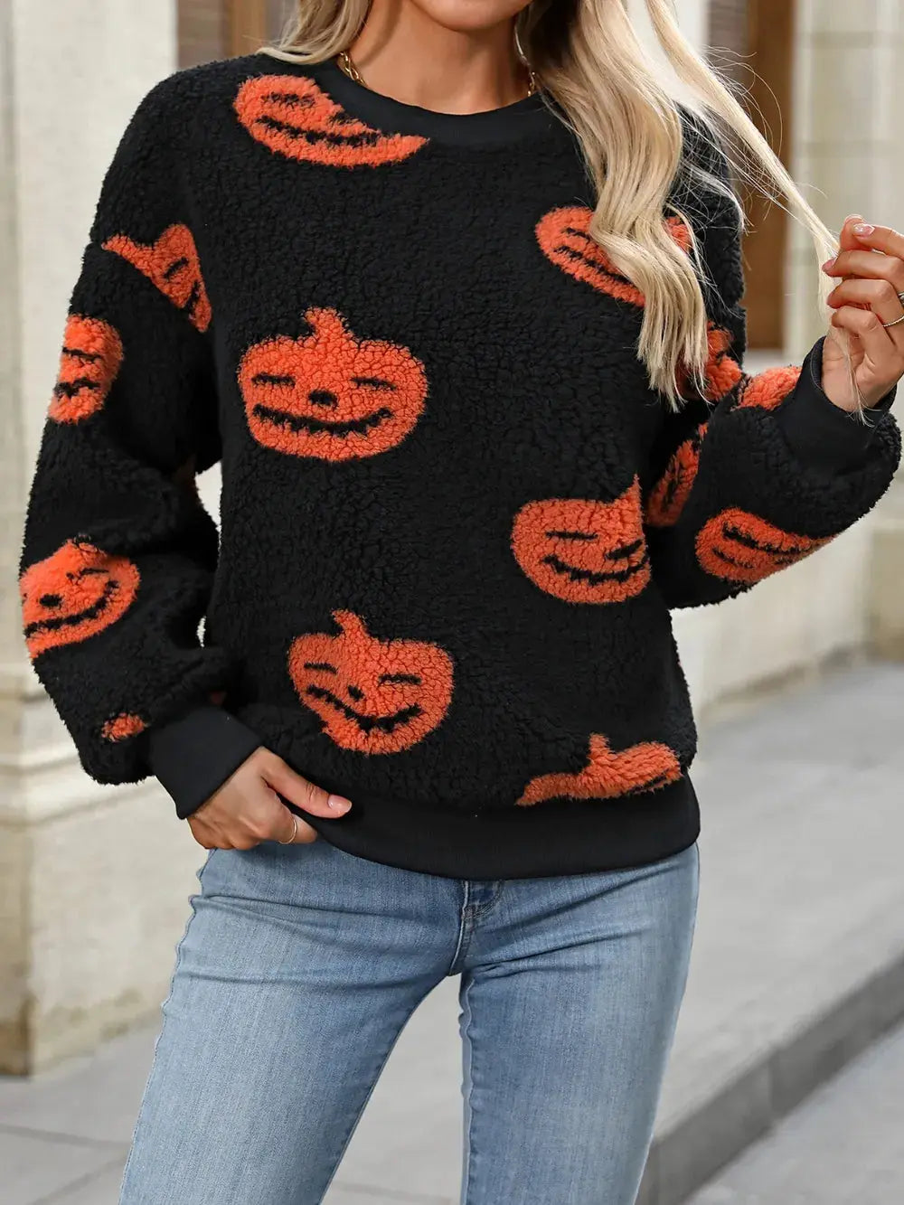 Fuzzy Pumpkin Round Neck Dropped Shoulder Sweater - FloofChonk