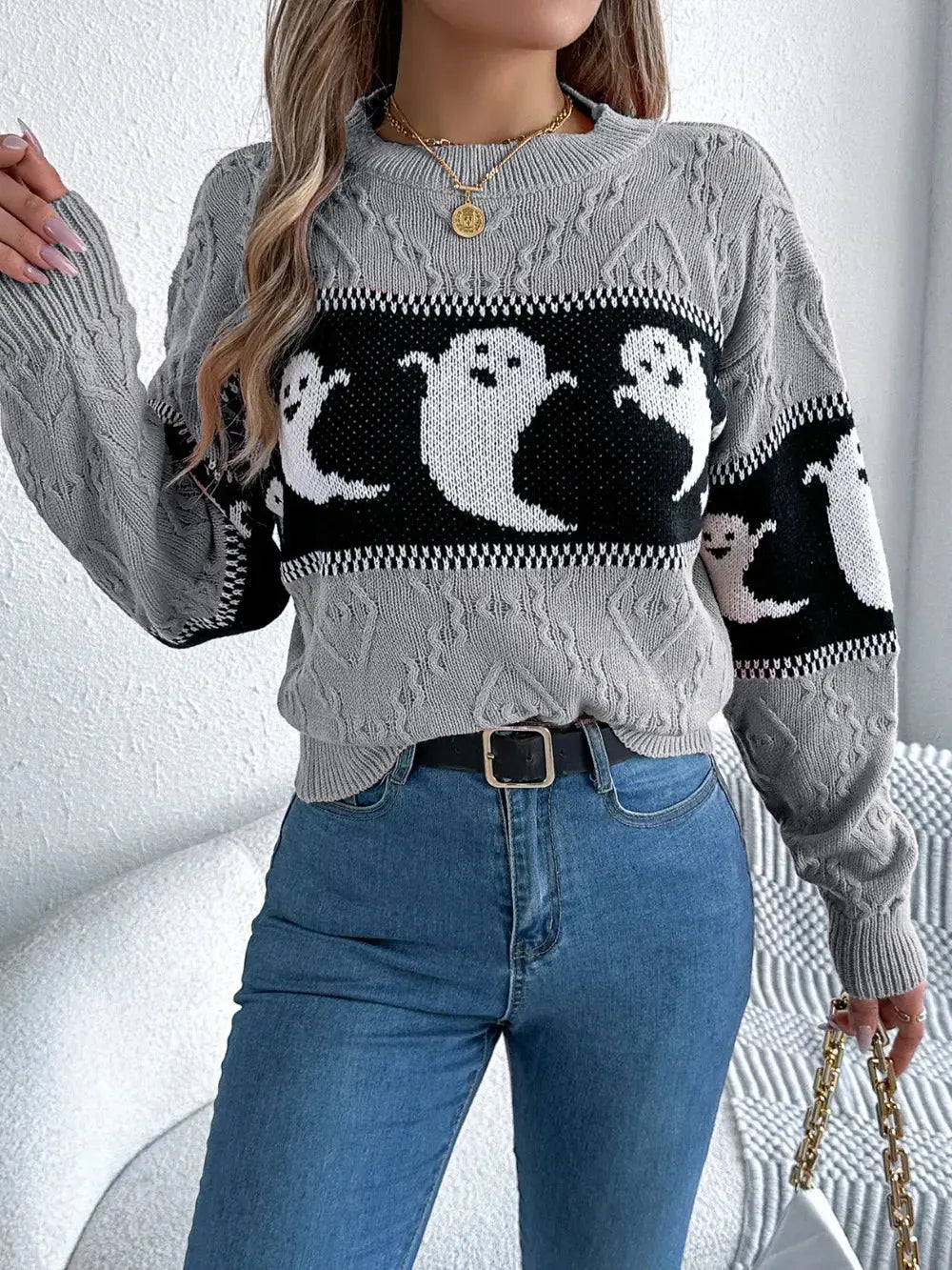 Ghost Round Neck Long Sleeve Sweater - FloofChonk