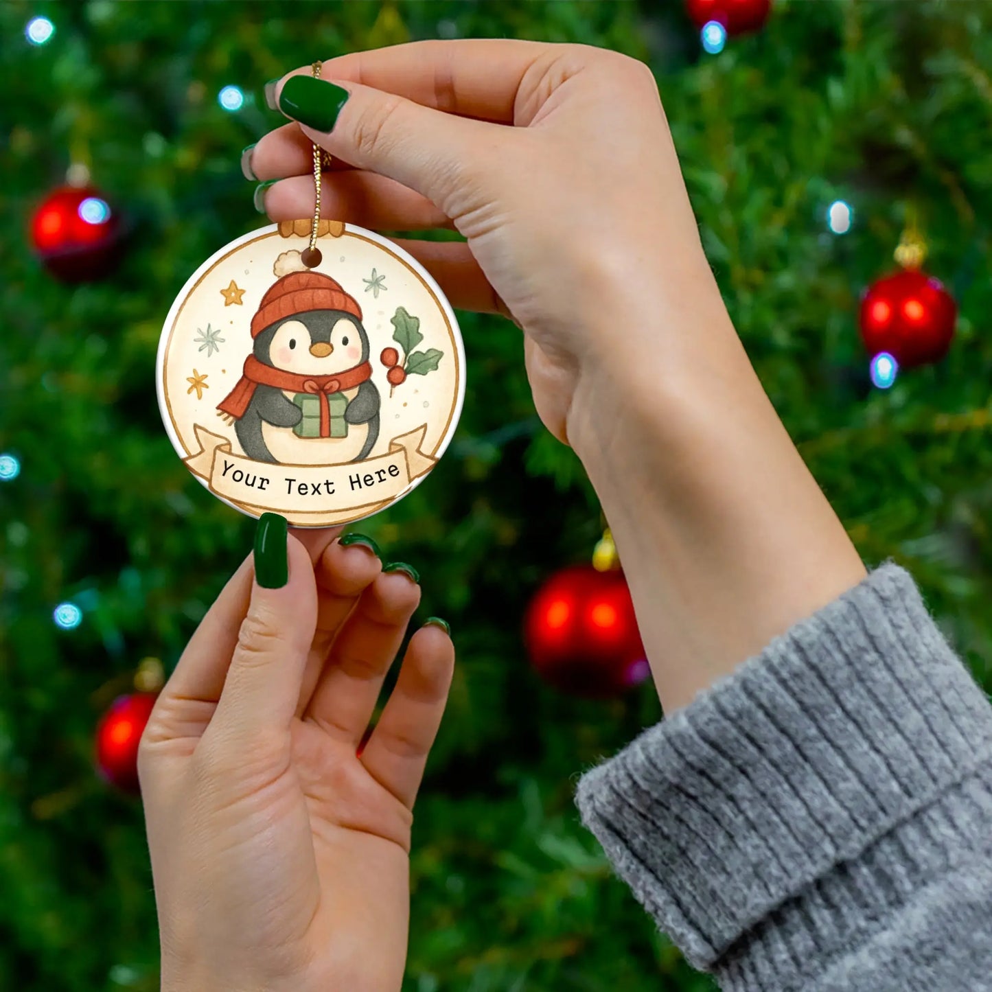 Penguin Christmas Ceramic Ornament - Personalized Holiday Decoration Printify