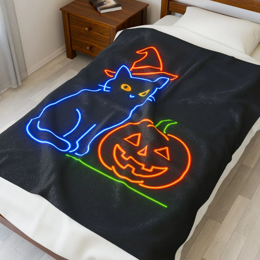 Velveteen Plush Blanket | Cozy Halloween Cat Soft Throw for Fall, Spooky Decor, Gift for Cat Lovers, Autumn Snuggle, Cozy Home, Halloween - FloofChonk