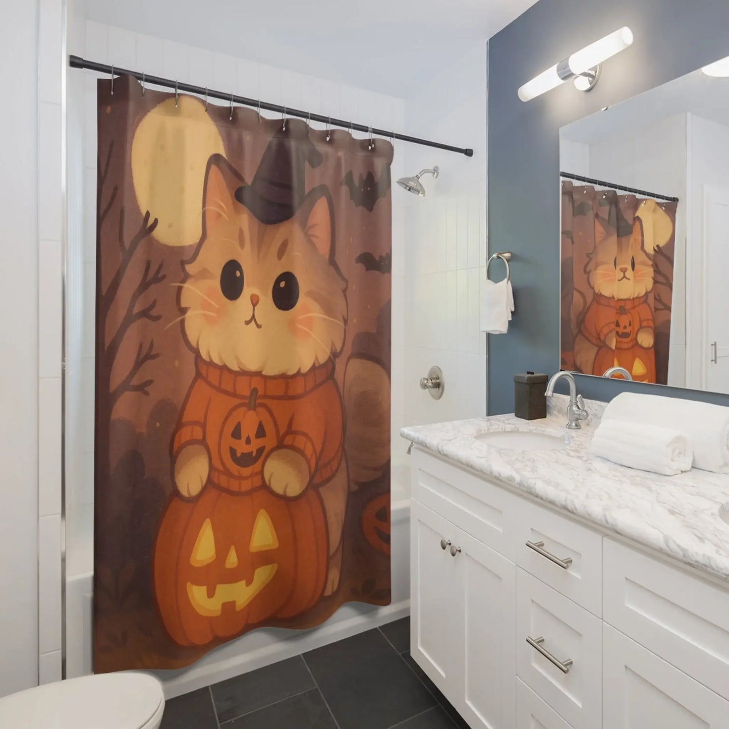 Cute Halloween Cat Shower Curtain - Cozy Bathroom Decor, Fall Home Accessory - FloofChonk