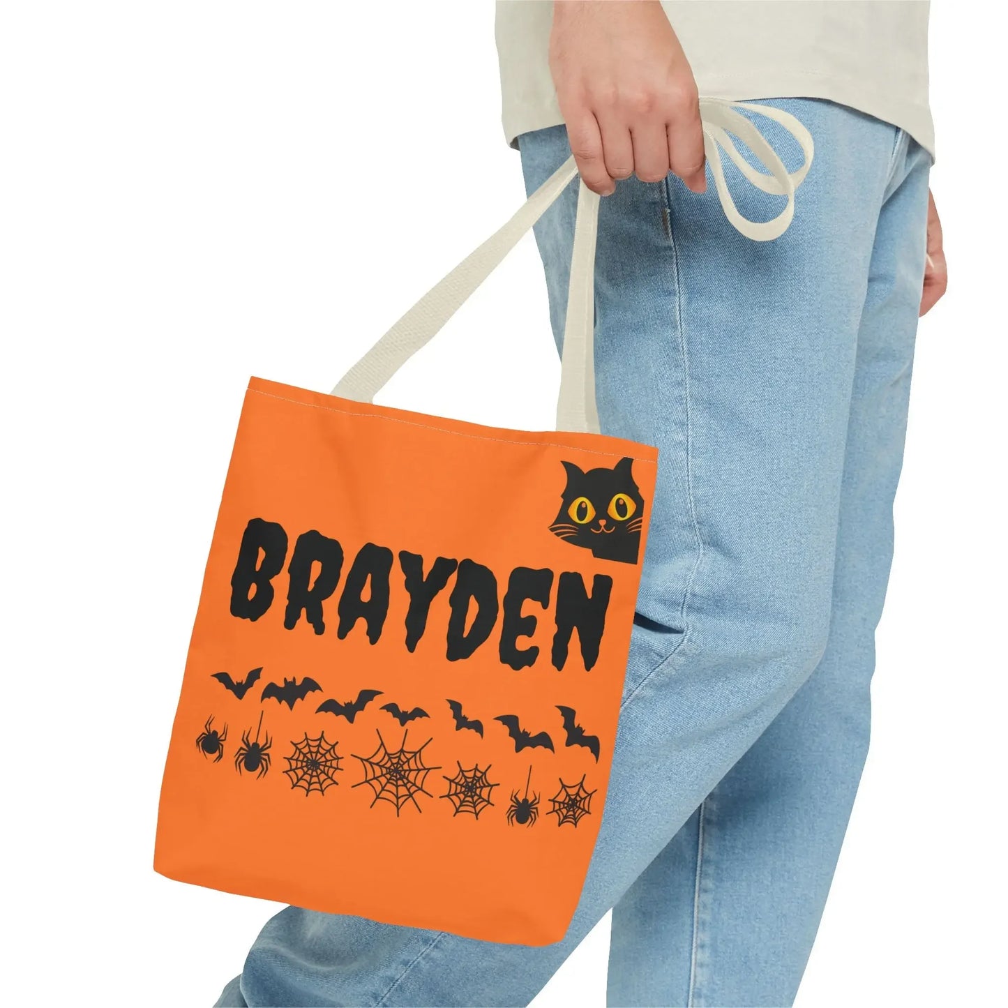 Halloween Personalized Tote Bag, Spooky Shopping Bag, Custom Trick or Treat Bag, Unique Fall Gift, Cat and Skull Design - FloofChonk