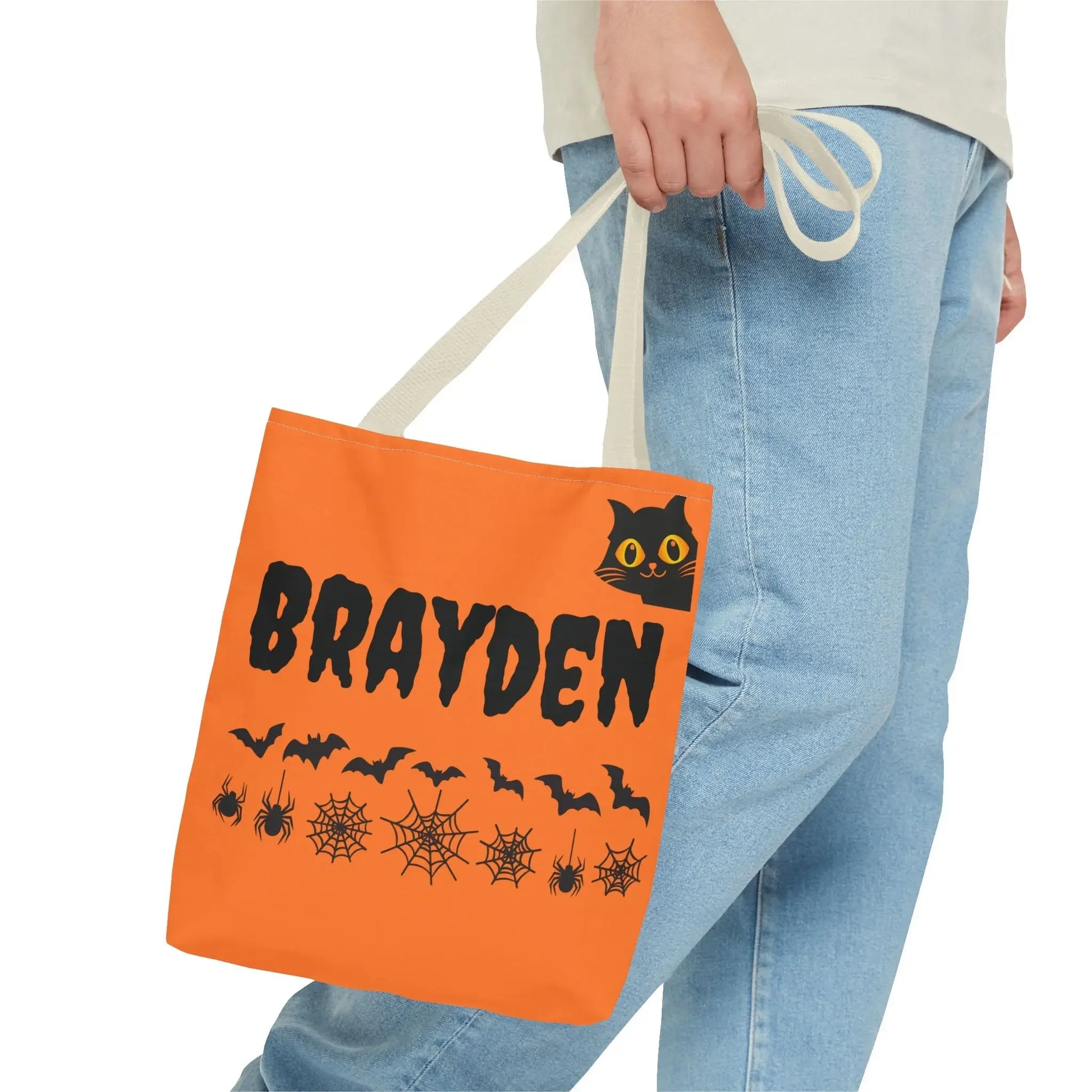 Halloween Personalized Tote Bag, Spooky Shopping Bag, Custom Trick or Treat Bag, Unique Fall Gift, Cat and Skull Design - FloofChonk