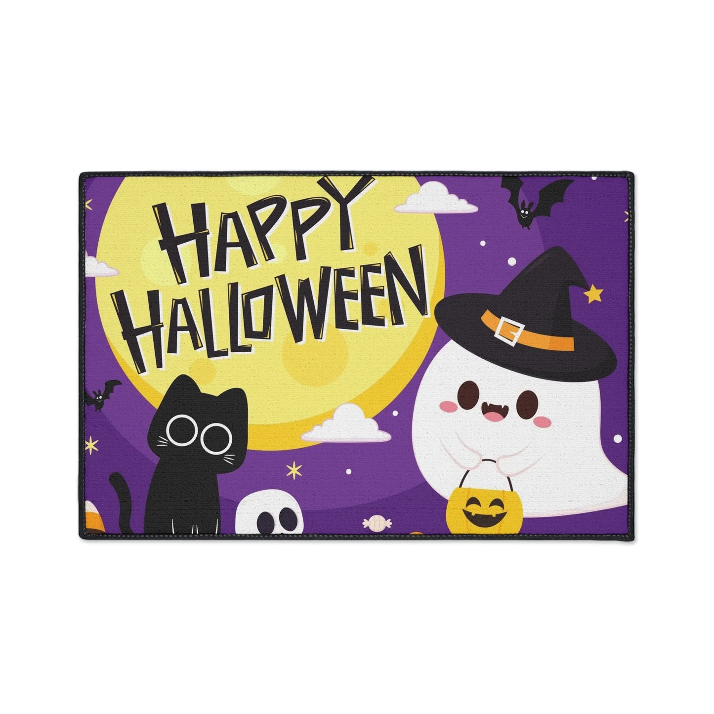 Happy Halloween Floor Mat, Spooky Decor for Entryway, Cute Ghost and Cat, Halloween Party Welcome, Fall Home Decoration, Trick or Treat Mat