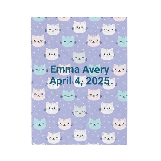Personalized Cat Velveteen Blanket, Cozy Baby Shower Gift, Nursery Decor, Cat Lover's Plush Throw, Custom Cat Pattern Bedding - FloofChonk