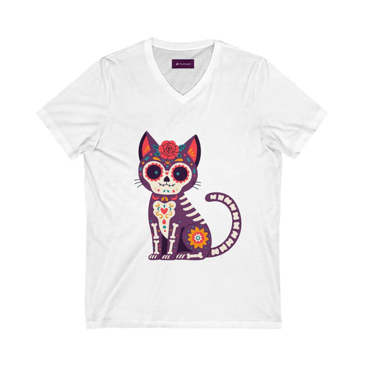 Dia de los Muertos Cat V-Neck Tee, Casual Cat Lover Shirt, Halloween Gift, Day of the Dead Top, Unique Animal Graphic Tee Printify