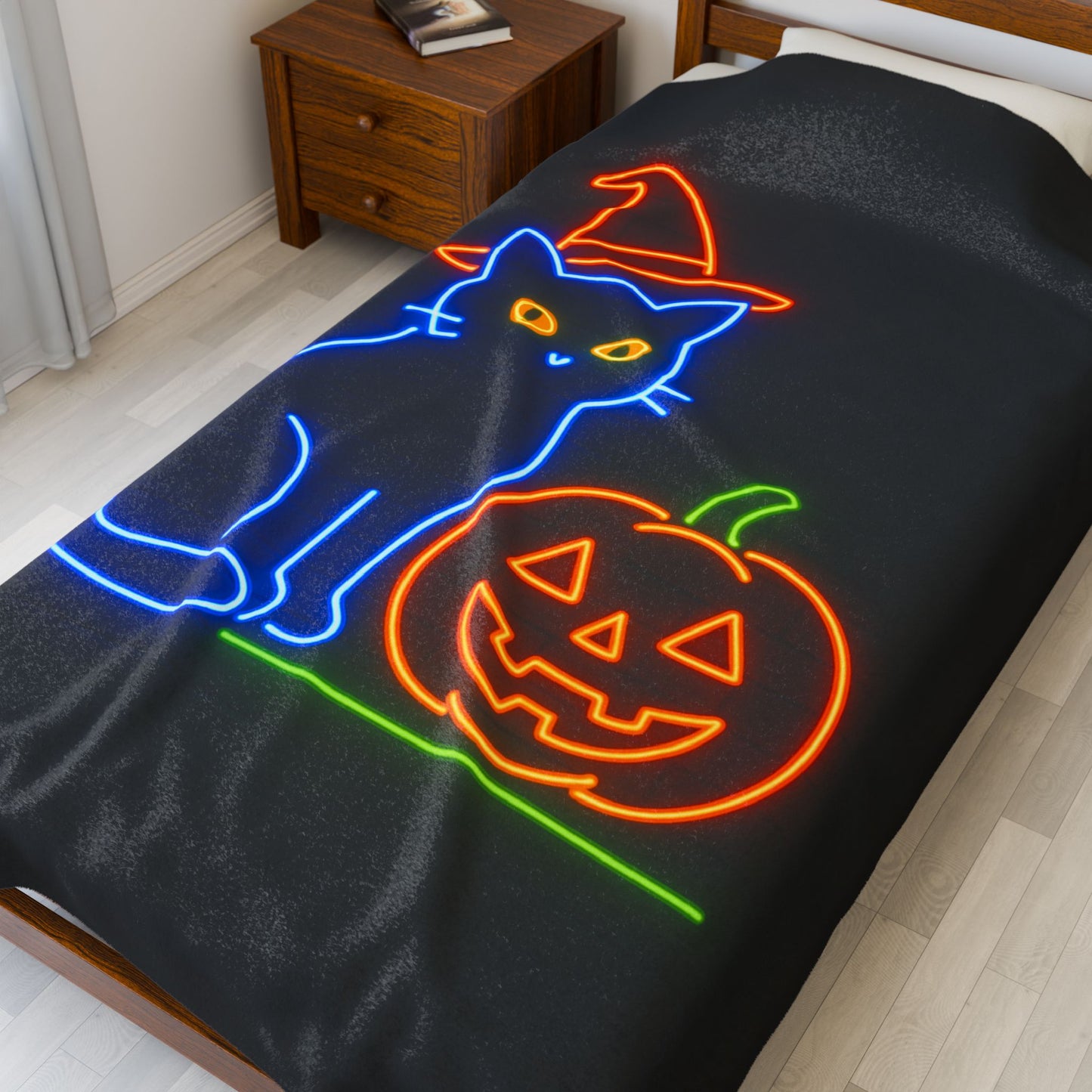 Velveteen Plush Blanket | Cozy Halloween Cat Soft Throw for Fall, Spooky Decor, Gift for Cat Lovers, Autumn Snuggle, Cozy Home, Halloween