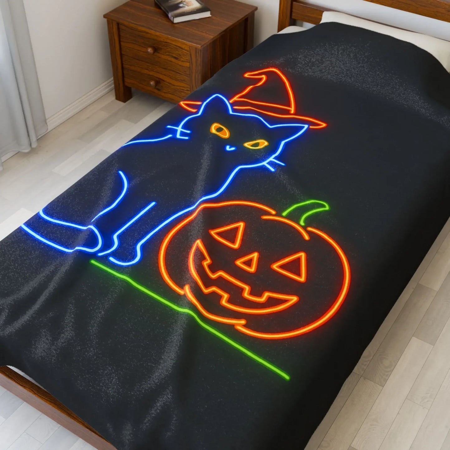 Velveteen Plush Blanket | Cozy Halloween Cat Soft Throw for Fall, Spooky Decor, Gift for Cat Lovers, Autumn Snuggle, Cozy Home, Halloween - FloofChonk