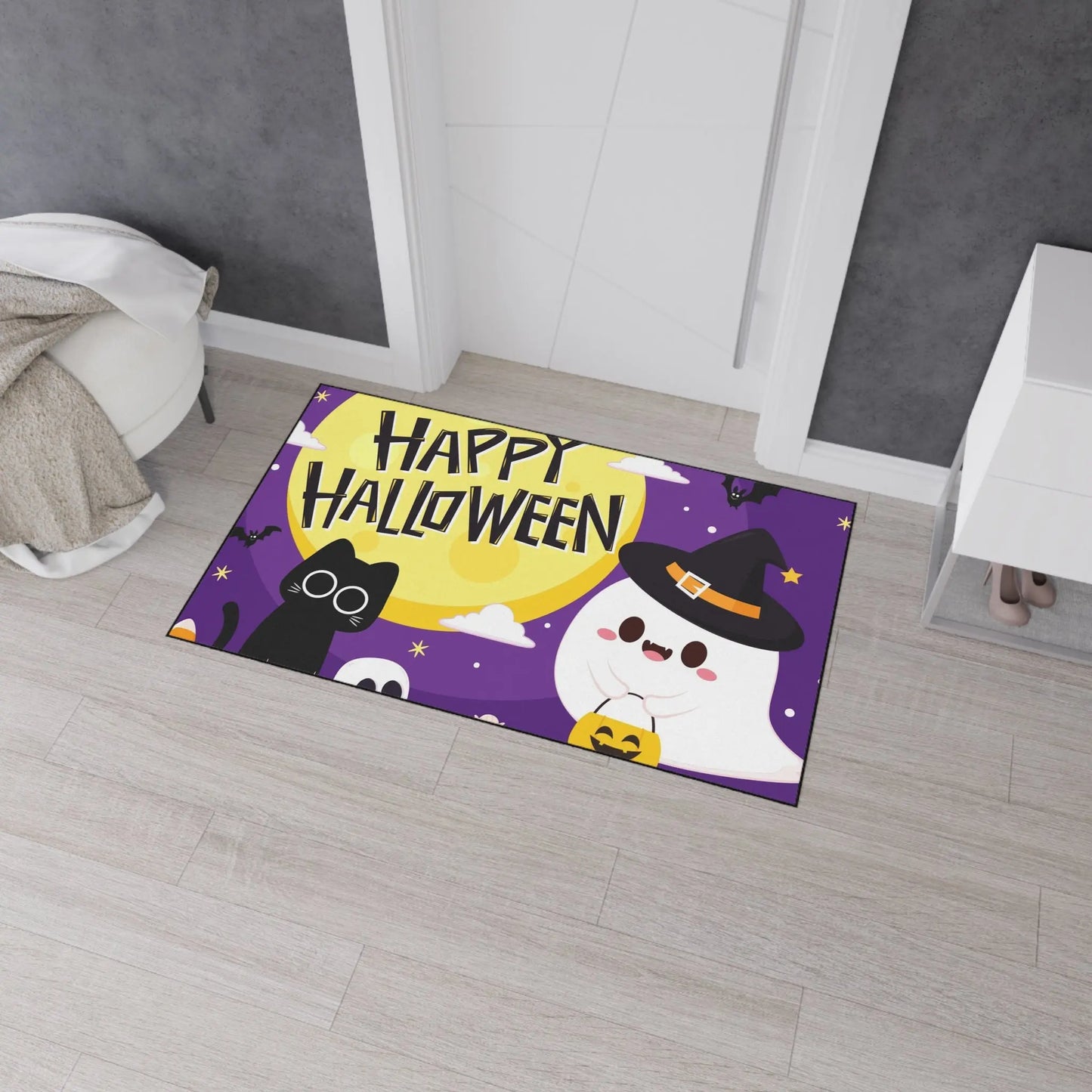 Happy Halloween Floor Mat, Spooky Decor for Entryway, Cute Ghost and Cat, Halloween Party Welcome, Fall Home Decoration, Trick or Treat Mat