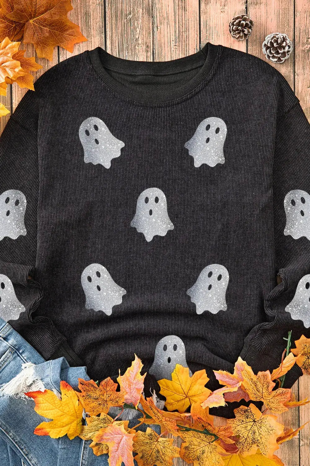 Glitter Ghost Round Neck Long Sleeve Sweatshirt - FloofChonk