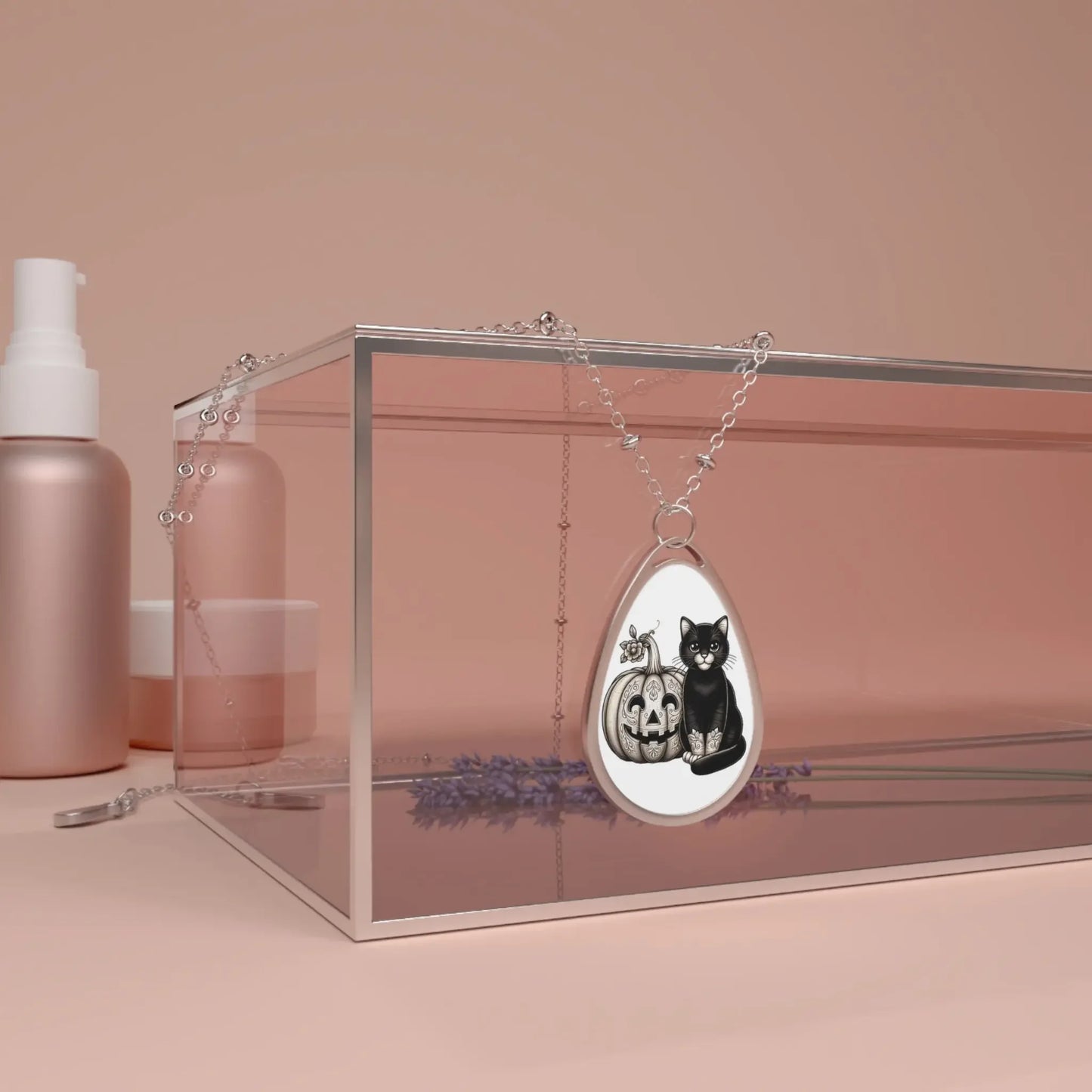 Oval Necklace, Black Cat Jewelry, Pumpkin Charm Pendant, Fall Season Accessory, Halloween Cat Necklace, Pet Lover Gift, Halloween Jewelry, - FloofChonk