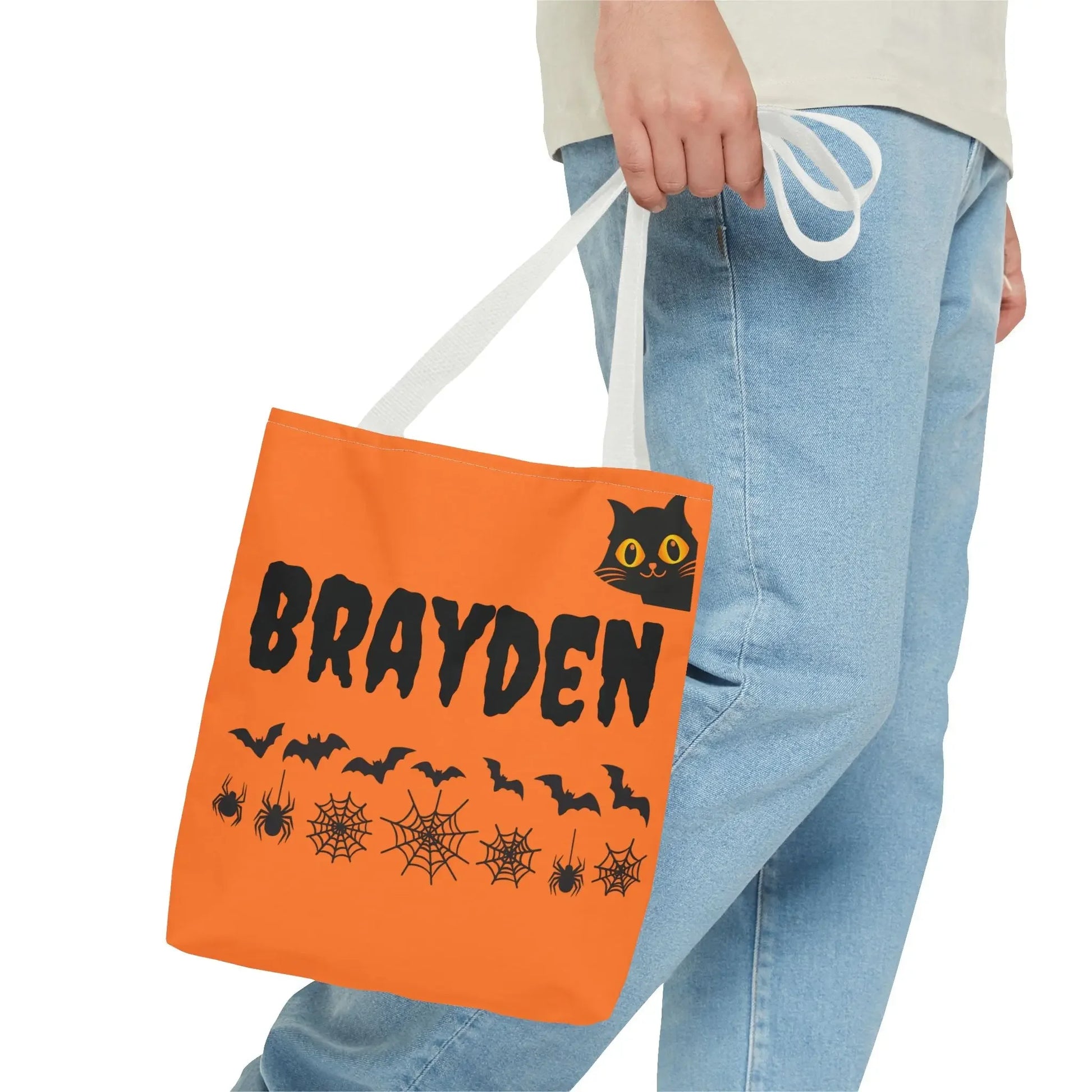Halloween Personalized Tote Bag, Spooky Shopping Bag, Custom Trick or Treat Bag, Unique Fall Gift, Cat and Skull Design - FloofChonk