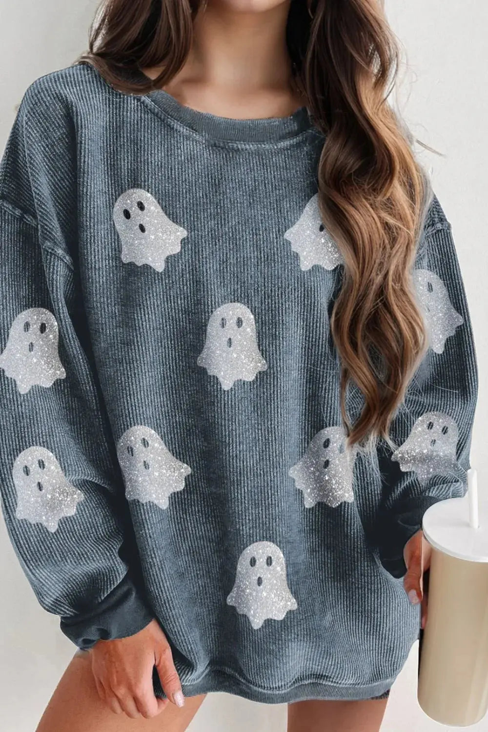 Glitter Ghost Round Neck Long Sleeve Sweatshirt - FloofChonk