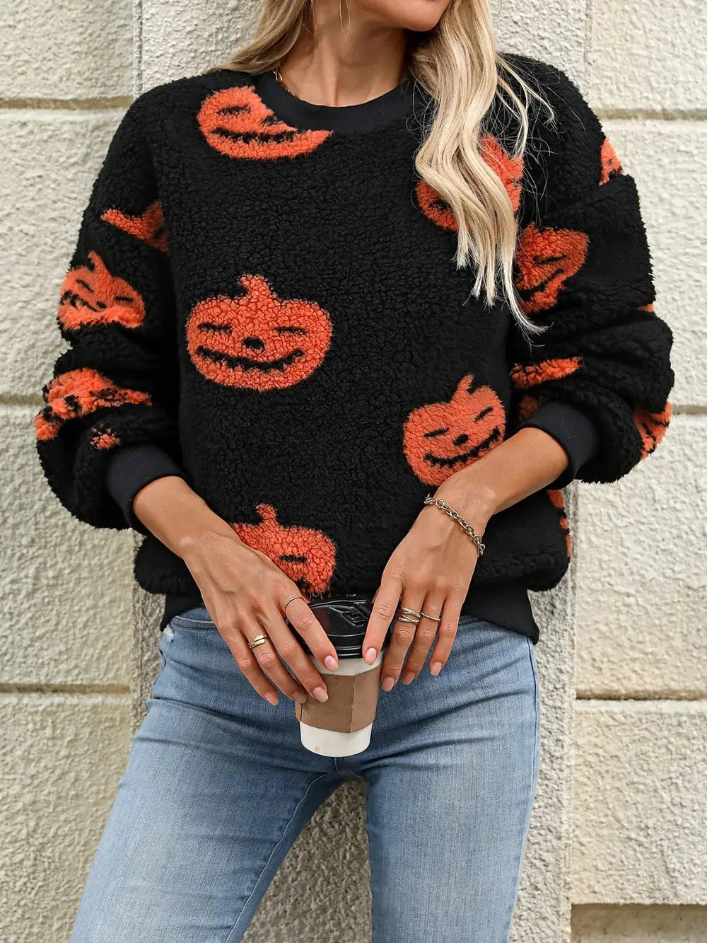 Fuzzy Pumpkin Round Neck Dropped Shoulder Sweater - FloofChonk