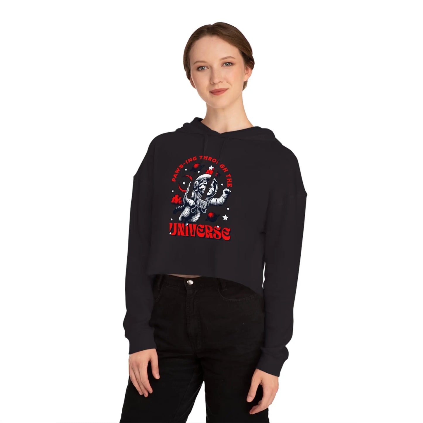 Cat Lover's Cropped Hoodie - Pam-pawing Through the Universe Printify