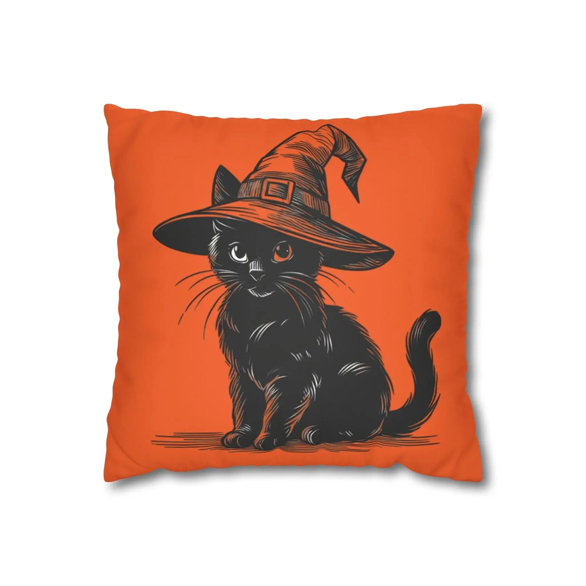 Halloween Cat Pillowcase, Cozy Throw, Cat Lover Gift, Autumn Decor, Witch Hat Cushion Cover, Home Accessories, Square Pillow, Faux Suede - FloofChonk