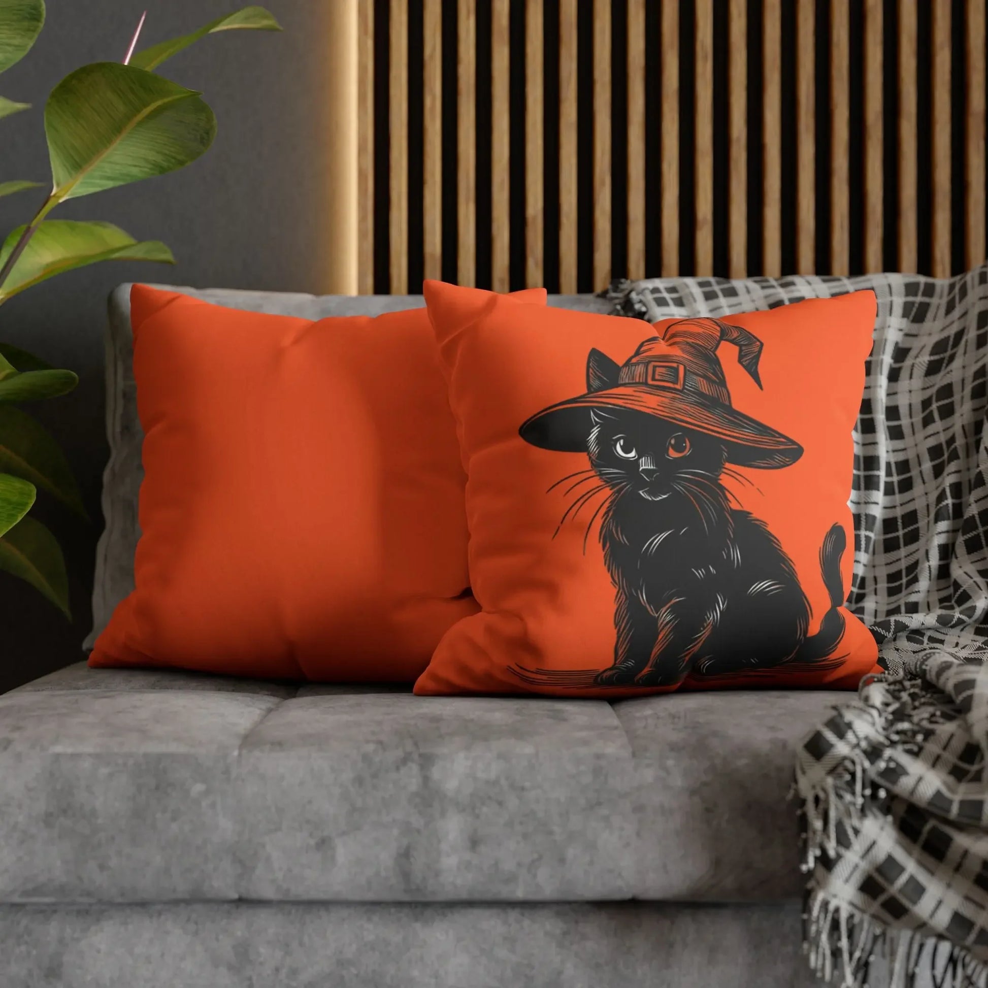 Halloween Cat Pillowcase, Cozy Throw, Cat Lover Gift, Autumn Decor, Witch Hat Cushion Cover, Home Accessories, Square Pillow, Faux Suede - FloofChonk