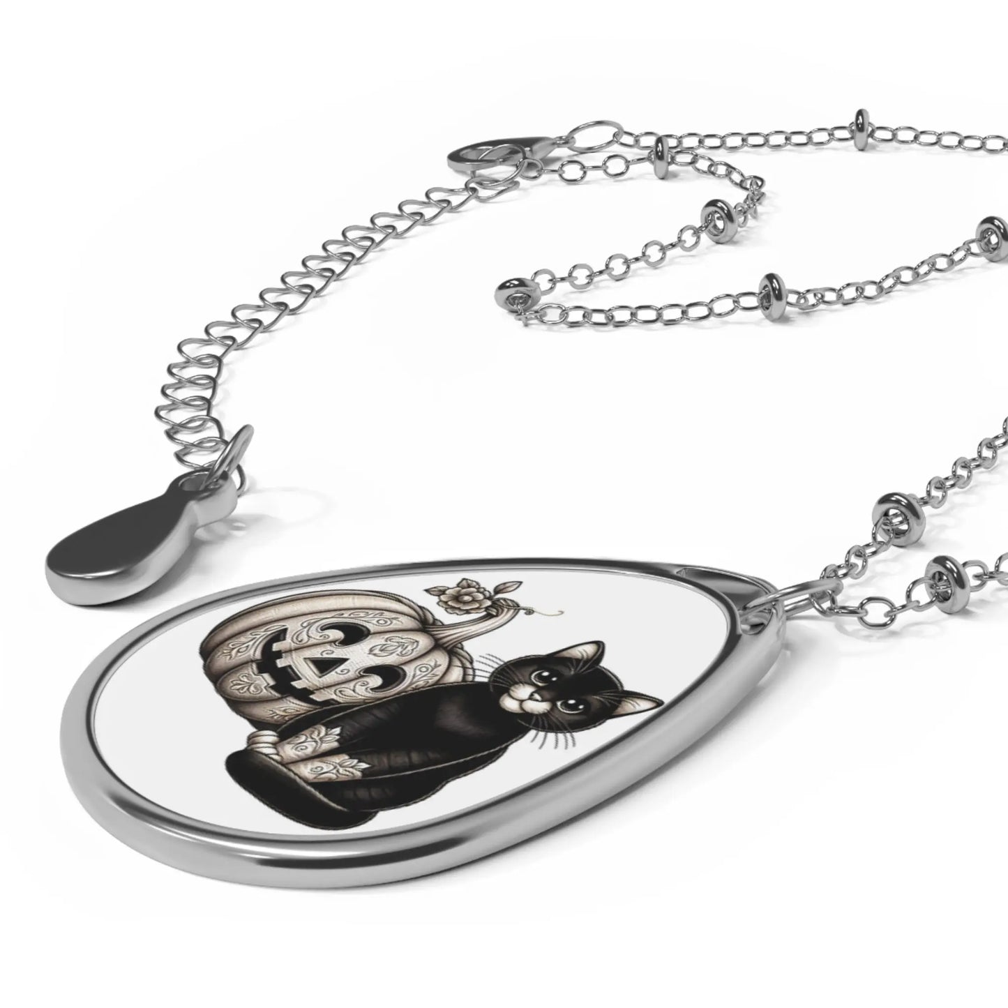 Oval Necklace, Black Cat Jewelry, Pumpkin Charm Pendant, Fall Season Accessory, Halloween Cat Necklace, Pet Lover Gift, Halloween Jewelry,