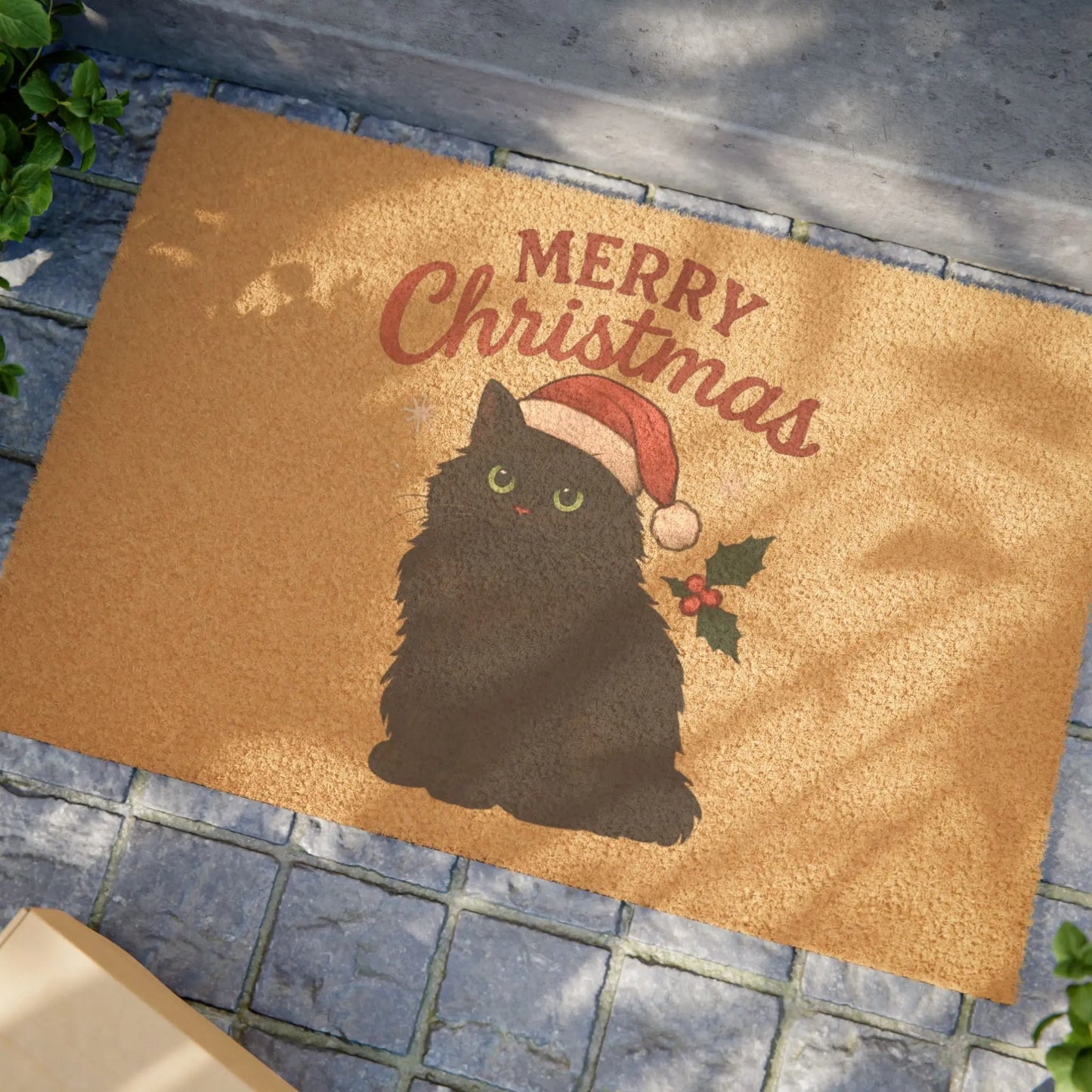 Merry Christmas Black Cat Doormat — Holiday Welcome Mat Printify