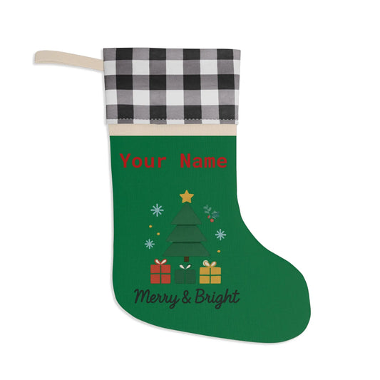 Personalized Merry & Bright Christmas Stocking – Buffalo Plaid Cuff, Custom Name Holiday Decor Printify