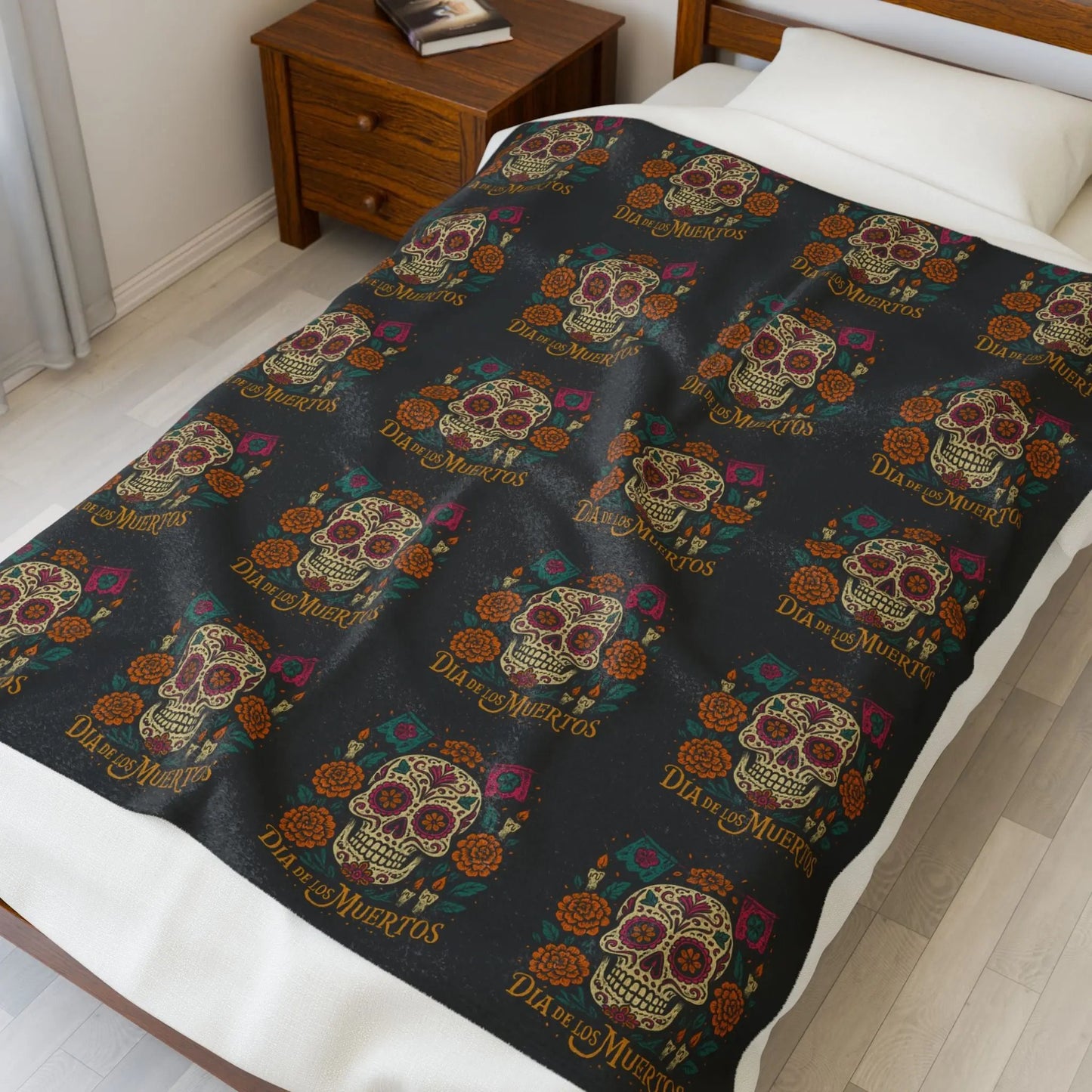 Velveteen Plush Blanket - Dia de los Muertos Skulls and Flowers Halloween Home Decor Printify
