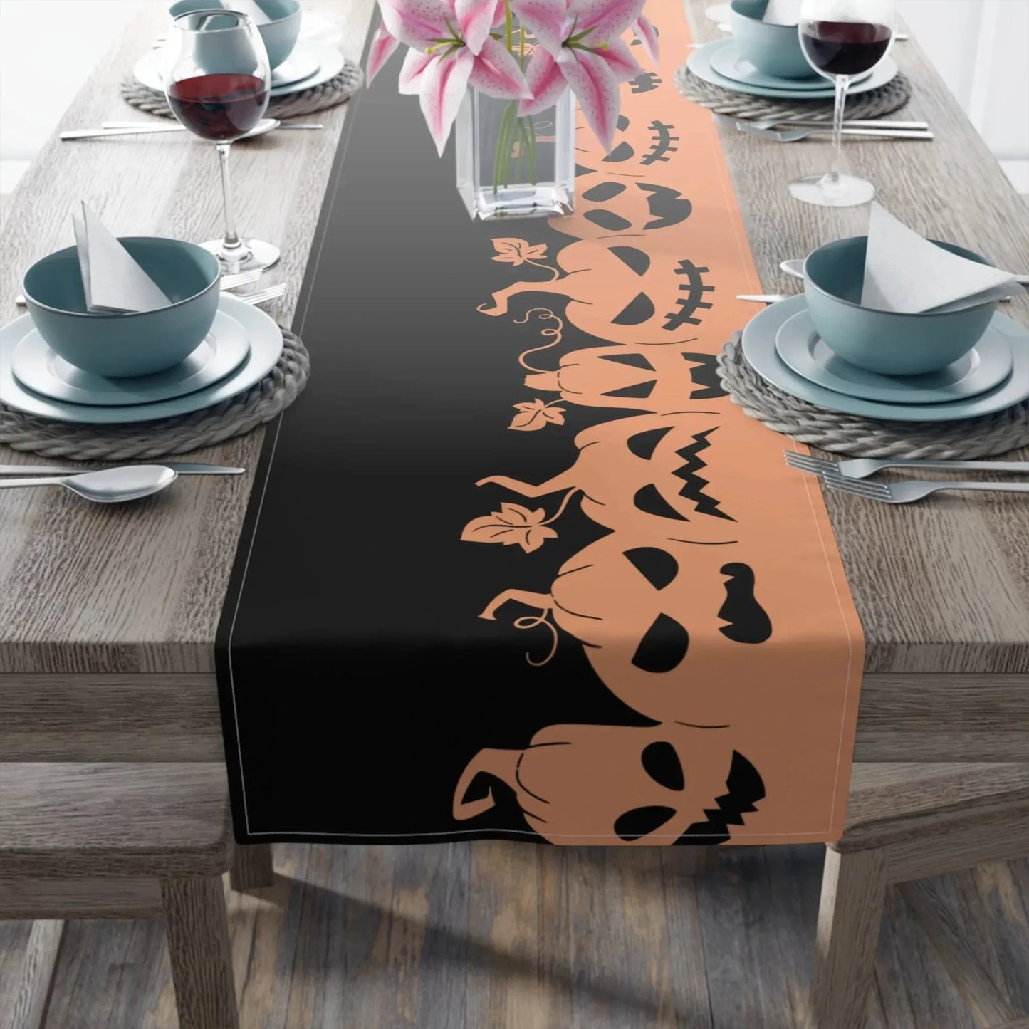 Halloween Table Runner with Pumpkins, Spooky Home Decor, Autumn Dining, Halloween Party, Halloween Table Decor, Seasonal Table Runner - FloofChonk