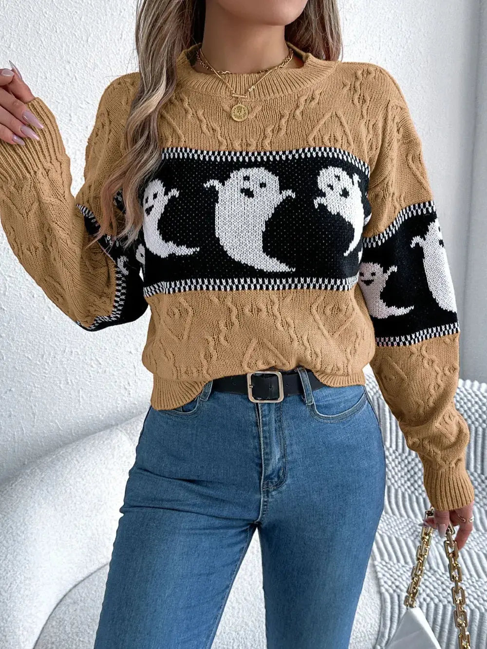 Ghost Round Neck Long Sleeve Sweater - FloofChonk