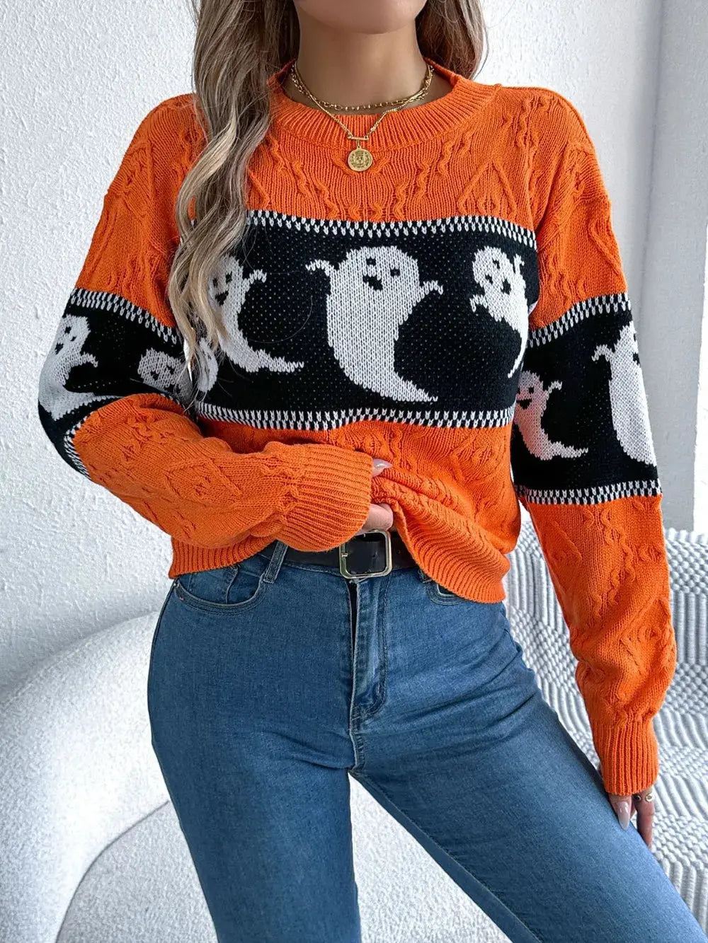 Ghost Round Neck Long Sleeve Sweater - FloofChonk