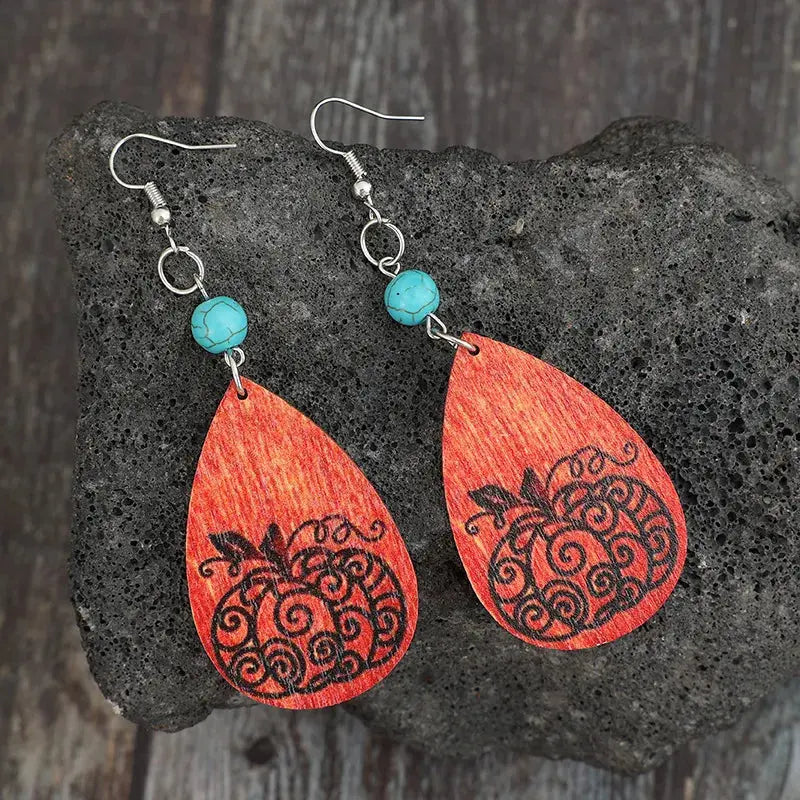 Turquoise Wooden Pumpkin Teardrop Earrings - FloofChonk