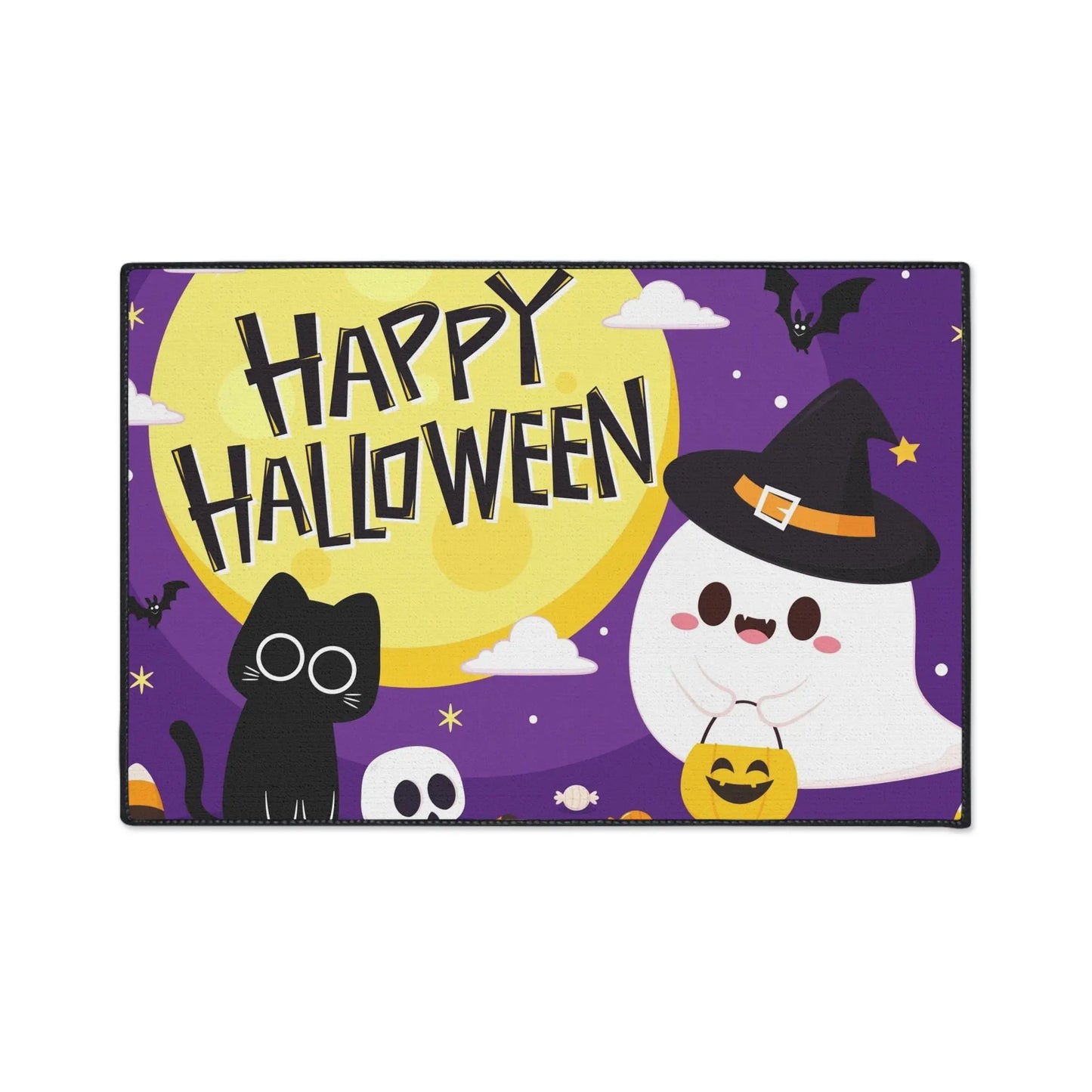Happy Halloween Floor Mat, Spooky Decor for Entryway, Cute Ghost and Cat, Halloween Party Welcome, Fall Home Decoration, Trick or Treat Mat