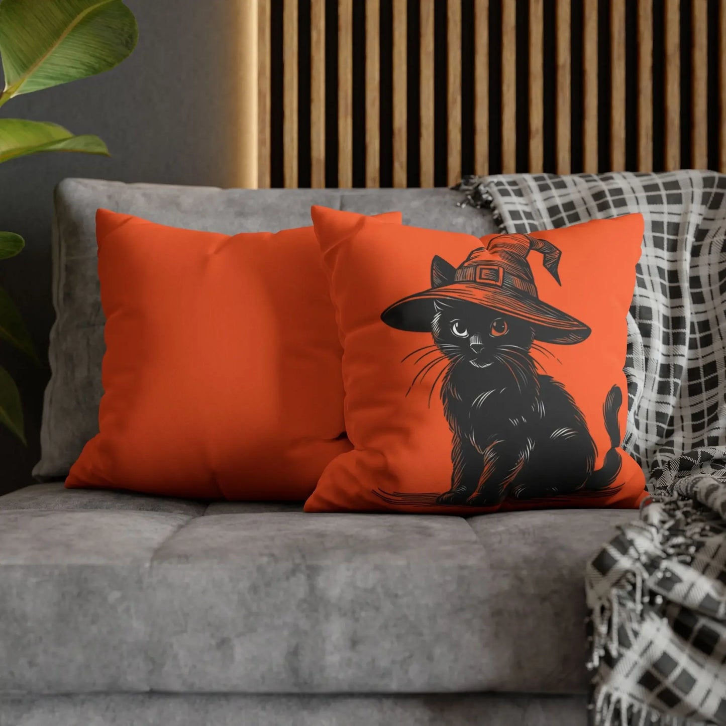 Halloween Cat Pillowcase, Cozy Throw, Cat Lover Gift, Autumn Decor, Witch Hat Cushion Cover, Home Accessories, Square Pillow, Faux Suede - FloofChonk