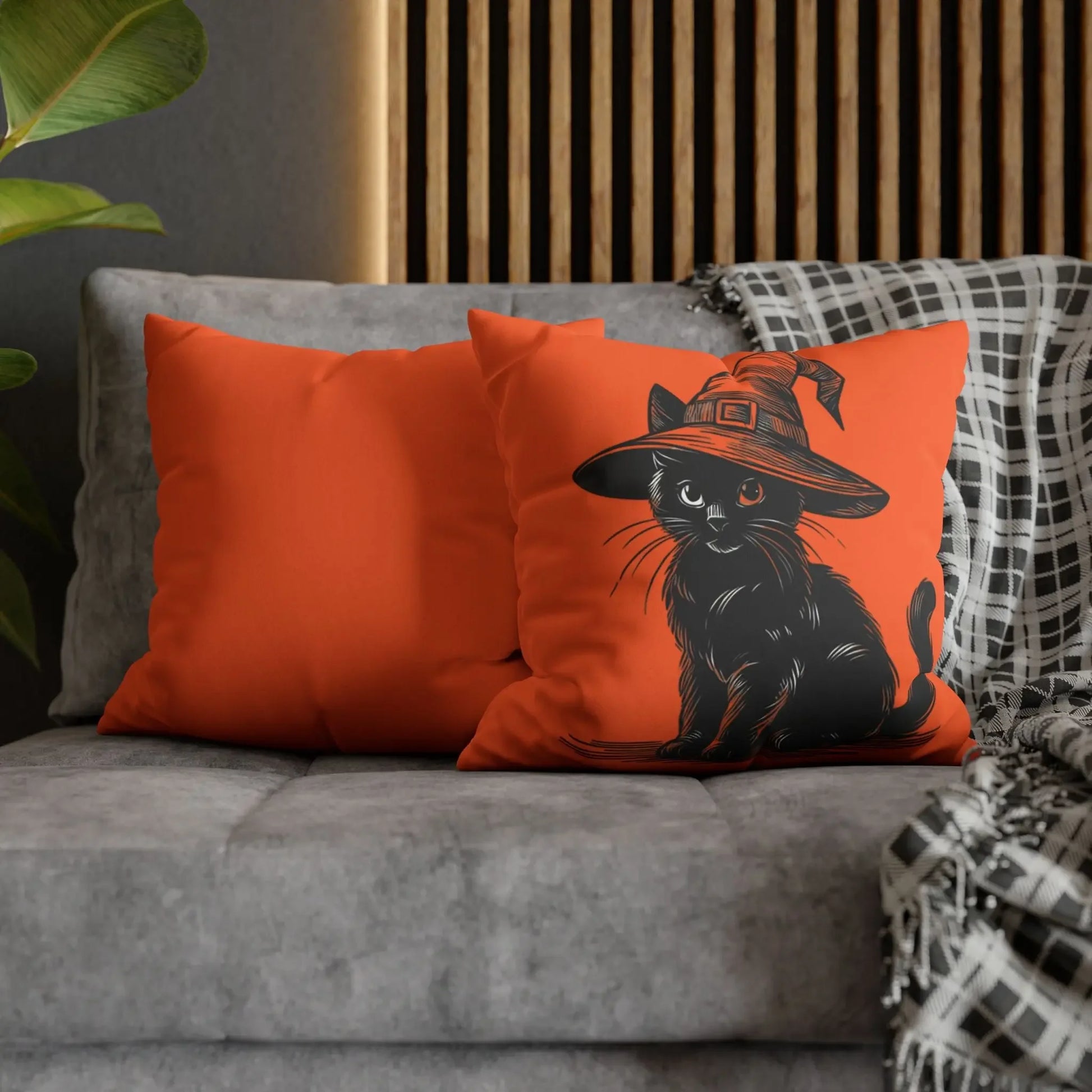 Halloween Cat Pillowcase, Cozy Throw, Cat Lover Gift, Autumn Decor, Witch Hat Cushion Cover, Home Accessories, Square Pillow, Faux Suede - FloofChonk