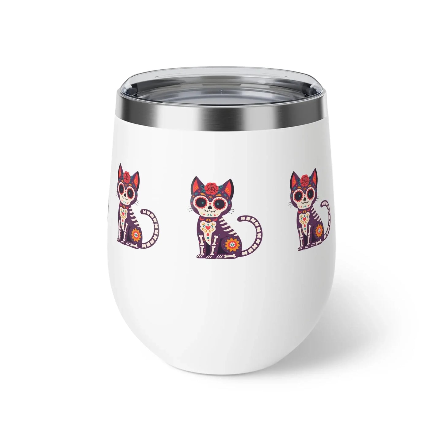 Dia de los Muertos Cat Tumbler, Insulated Coffee Cup for Pet Lovers, Halloween Gift, Unique Travel Mug, Cute Kitty Design - FloofChonk