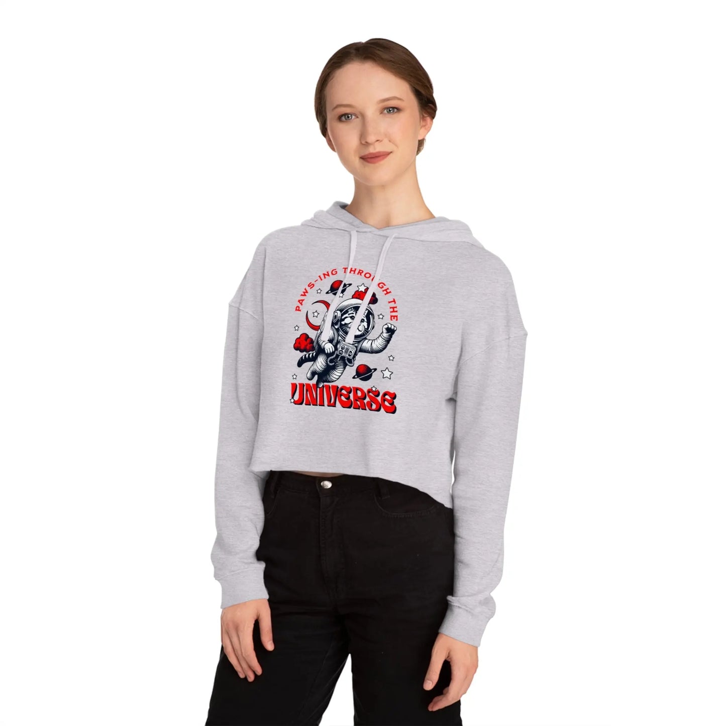 Cat Lover's Cropped Hoodie - Pam-pawing Through the Universe Printify