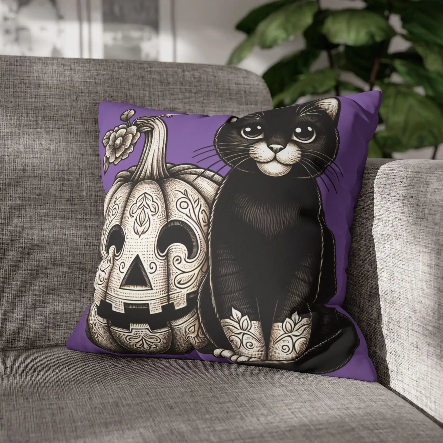 Black Cat and Pumpkin Square Pillowcase, Faux Suede Halloween Pillow Cover, Multiple Sizes, Spooky Home Decor, Cat Lover Gift - FloofChonk