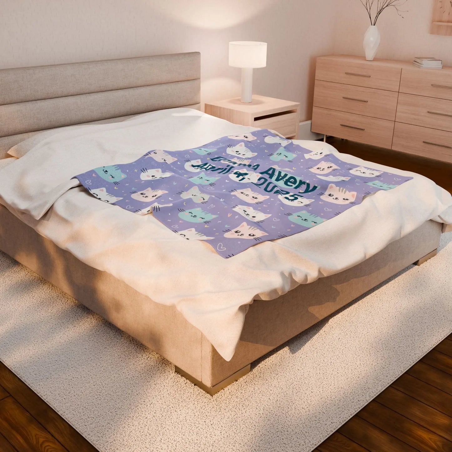 Personalized Cat Velveteen Blanket, Cozy Baby Shower Gift, Nursery Decor, Cat Lover's Plush Throw, Custom Cat Pattern Bedding Printify