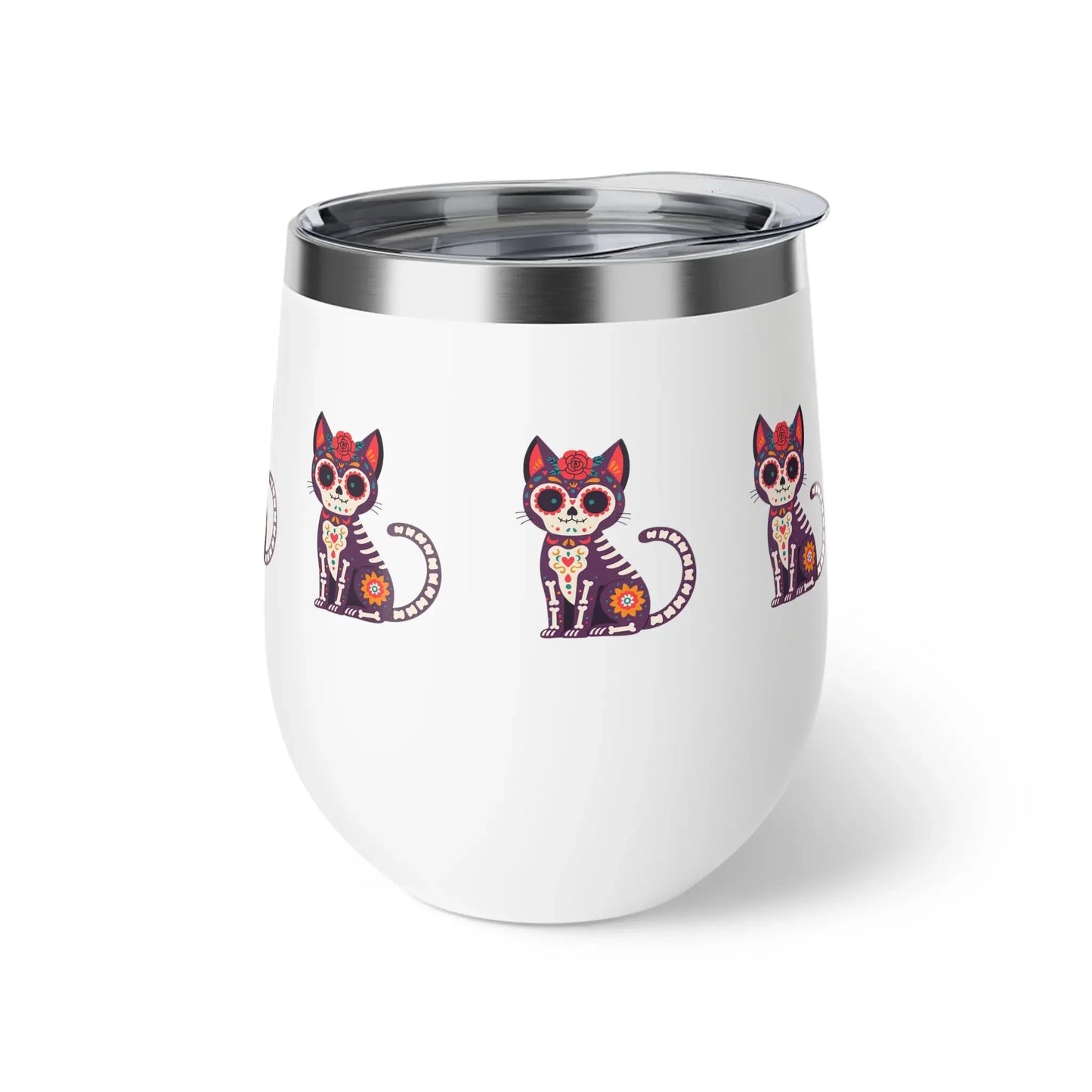 Dia de los Muertos Cat Tumbler, Insulated Coffee Cup for Pet Lovers, Halloween Gift, Unique Travel Mug, Cute Kitty Design - FloofChonk