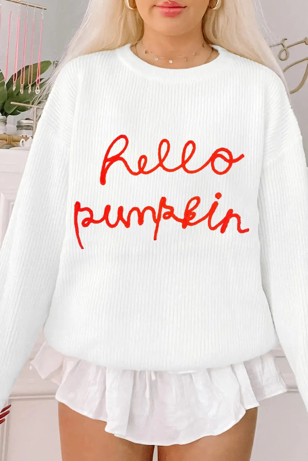 HELLO PUMPKIN Round Neck Long Sleeve Sweater - FloofChonk