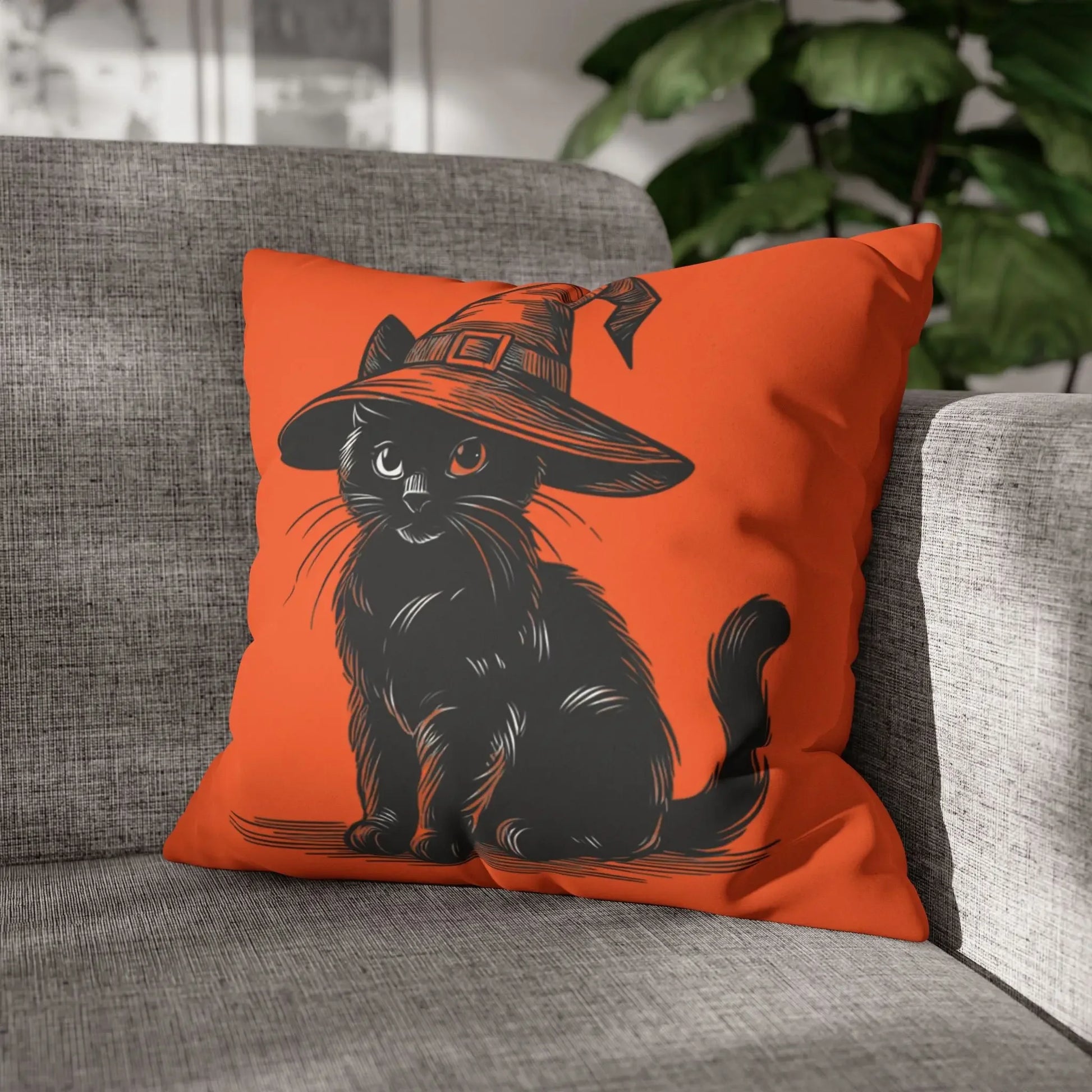 Halloween Cat Pillowcase, Cozy Throw, Cat Lover Gift, Autumn Decor, Witch Hat Cushion Cover, Home Accessories, Square Pillow, Faux Suede - FloofChonk