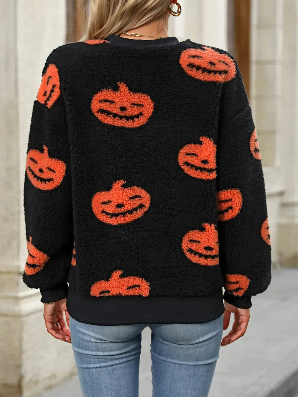 Fuzzy Pumpkin Round Neck Dropped Shoulder Sweater - FloofChonk