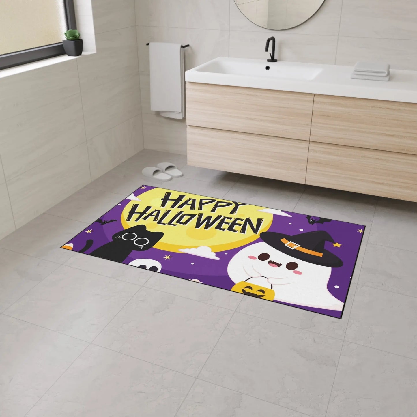 Happy Halloween Floor Mat, Spooky Decor for Entryway, Cute Ghost and Cat, Halloween Party Welcome, Fall Home Decoration, Trick or Treat Mat