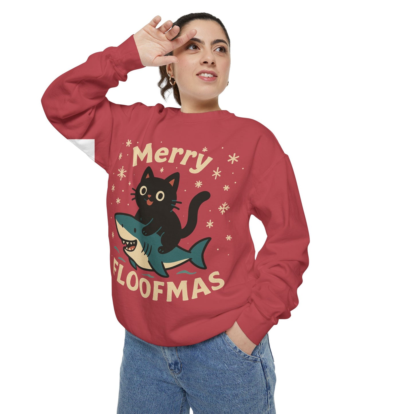 Merry Floofmas Sweatshirt — Cute Cat Riding Shark Holiday Sweater