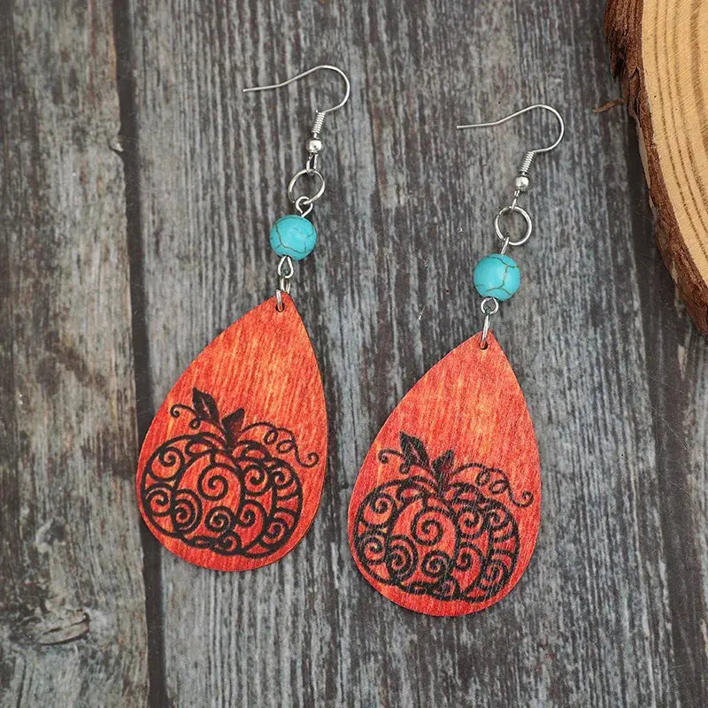 Turquoise Wooden Pumpkin Teardrop Earrings - FloofChonk