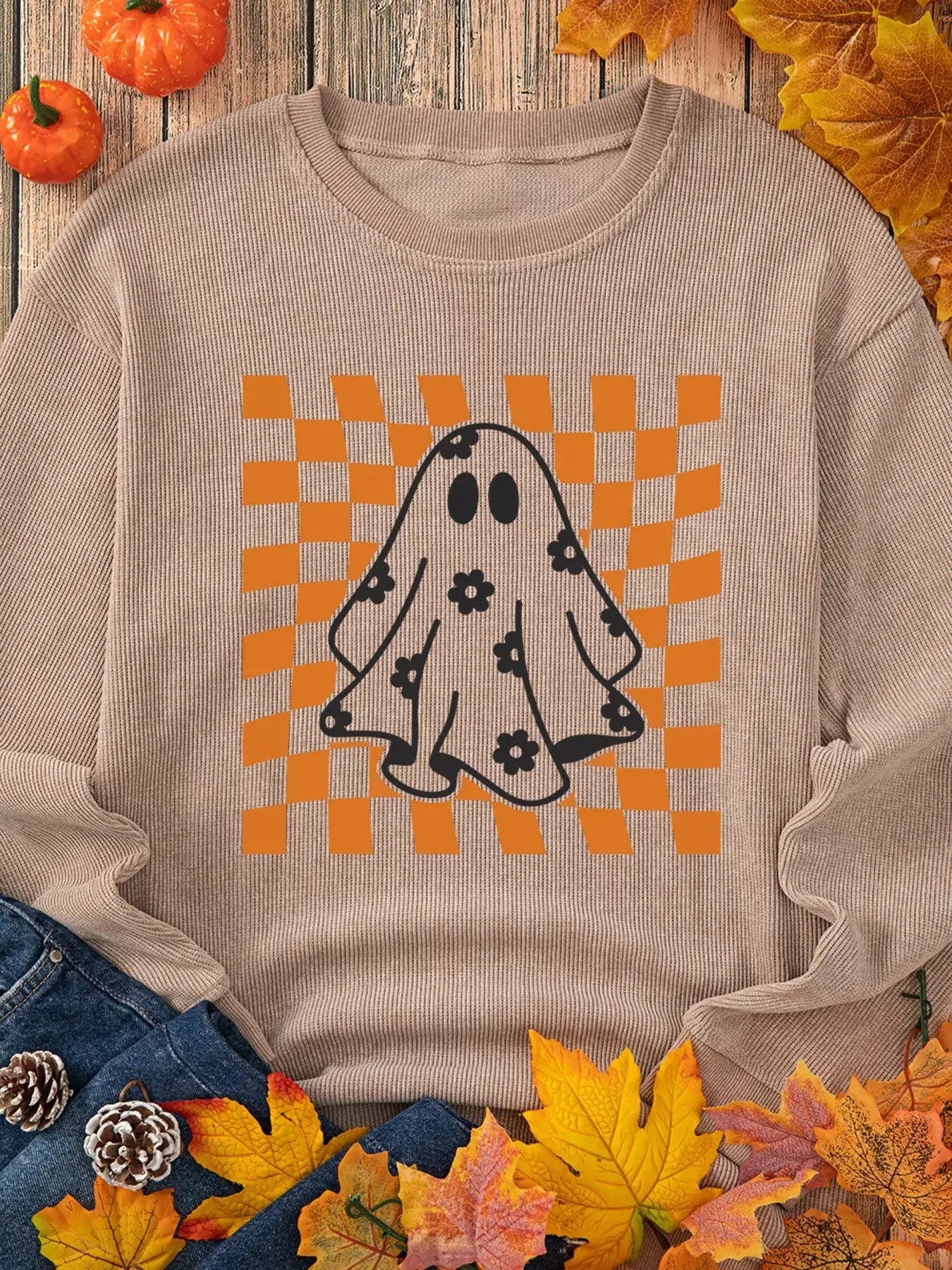 Halloween Checkerboard Floral Ghost Graphic Corded Sweatshirt - FloofChonk