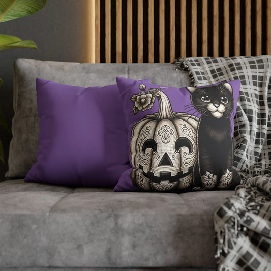 Black Cat and Pumpkin Square Pillowcase, Faux Suede Halloween Pillow Cover, Multiple Sizes, Spooky Home Decor, Cat Lover Gift - FloofChonk